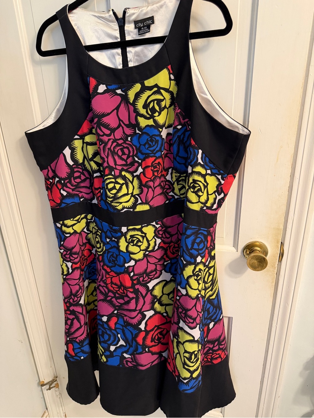 City Chic Black-Trim Multicolor Floral Fit-and-Flare Dress